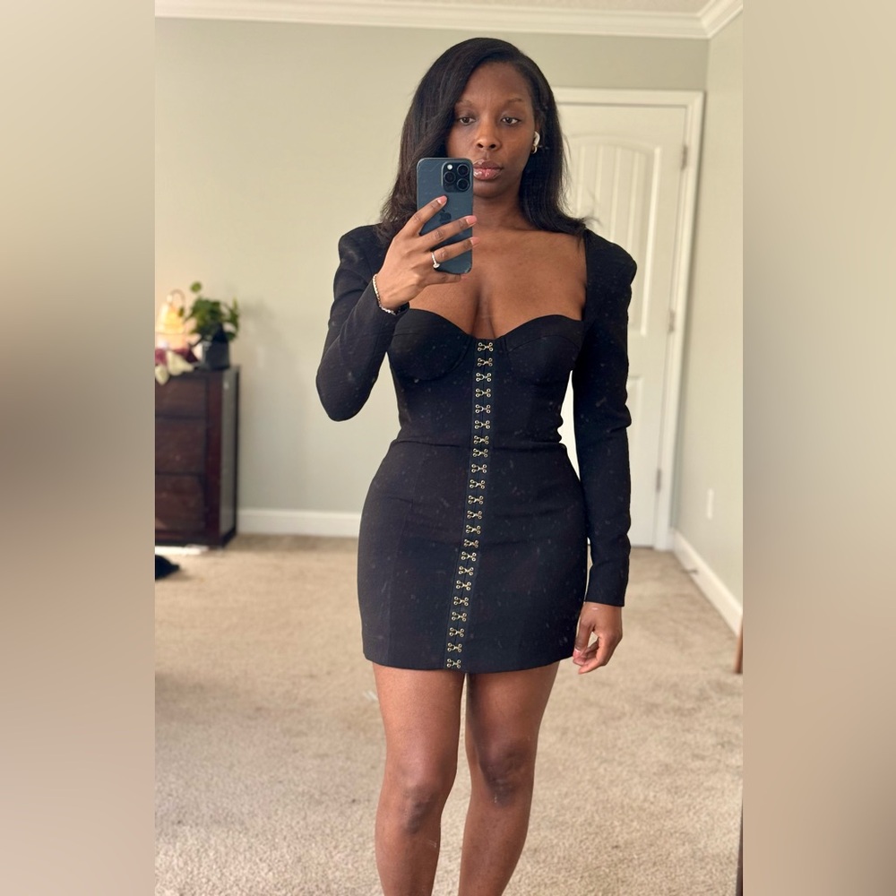 House of CB Black Long Sleeve Corset Mini Dress Hook & Eye Front Size M